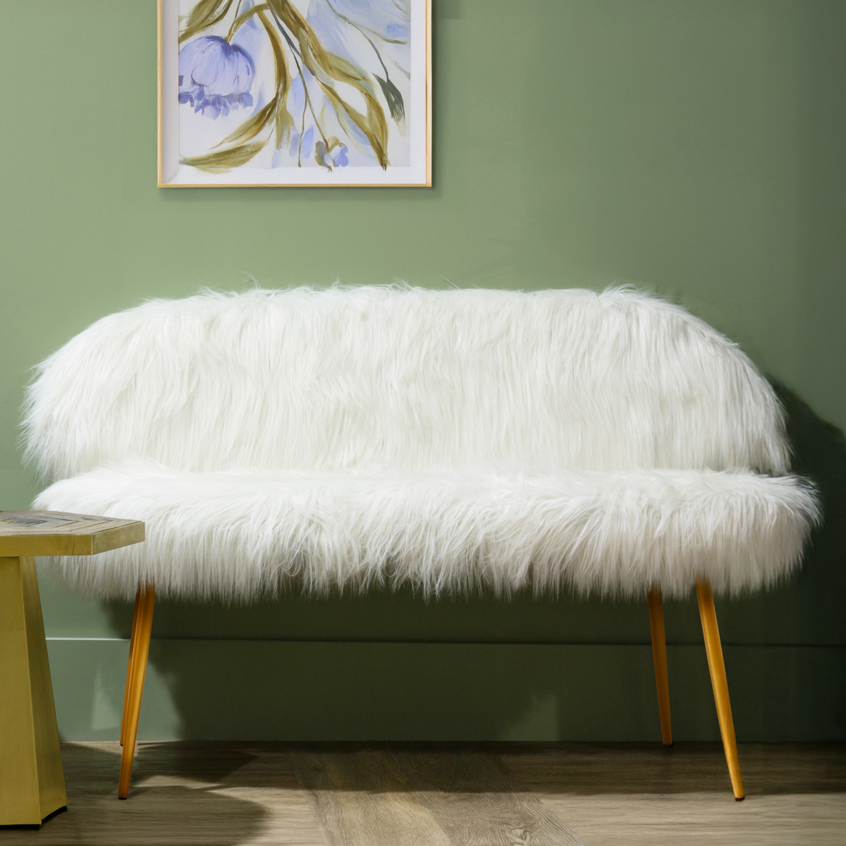 Emsworth White Faux Fur 2 Seater Sofa with Gold Legs