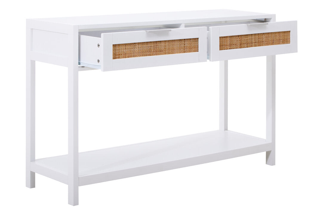 Como White Wood and Rattan Two Drawer Console Table