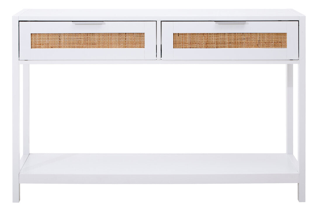 Como White Wood and Rattan Two Drawer Console Table
