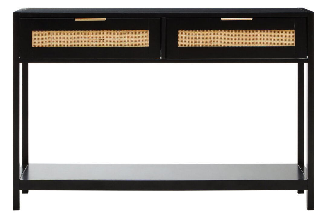 Como Black Wood and Rattan Two Drawer Console Table
