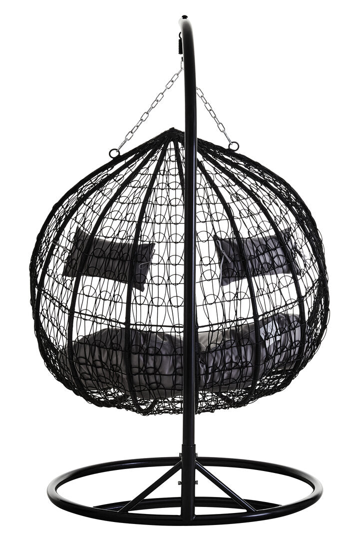 Bristol Black Rattan Effect Double Hanging Chair With Grey Cushions