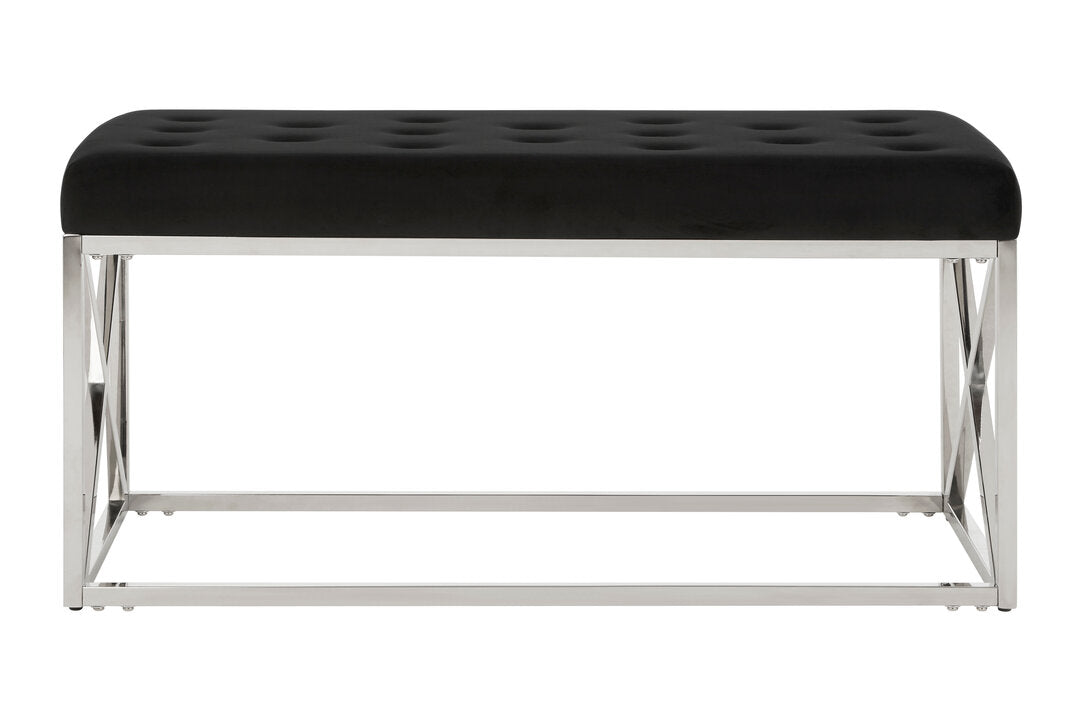 Aurora Black Tufted Seat And Silver Finish Bench