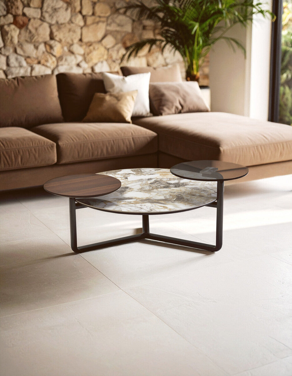 Aurora Grey Glass and Ceramic Marble Effect 3 Tier Coffee Table
