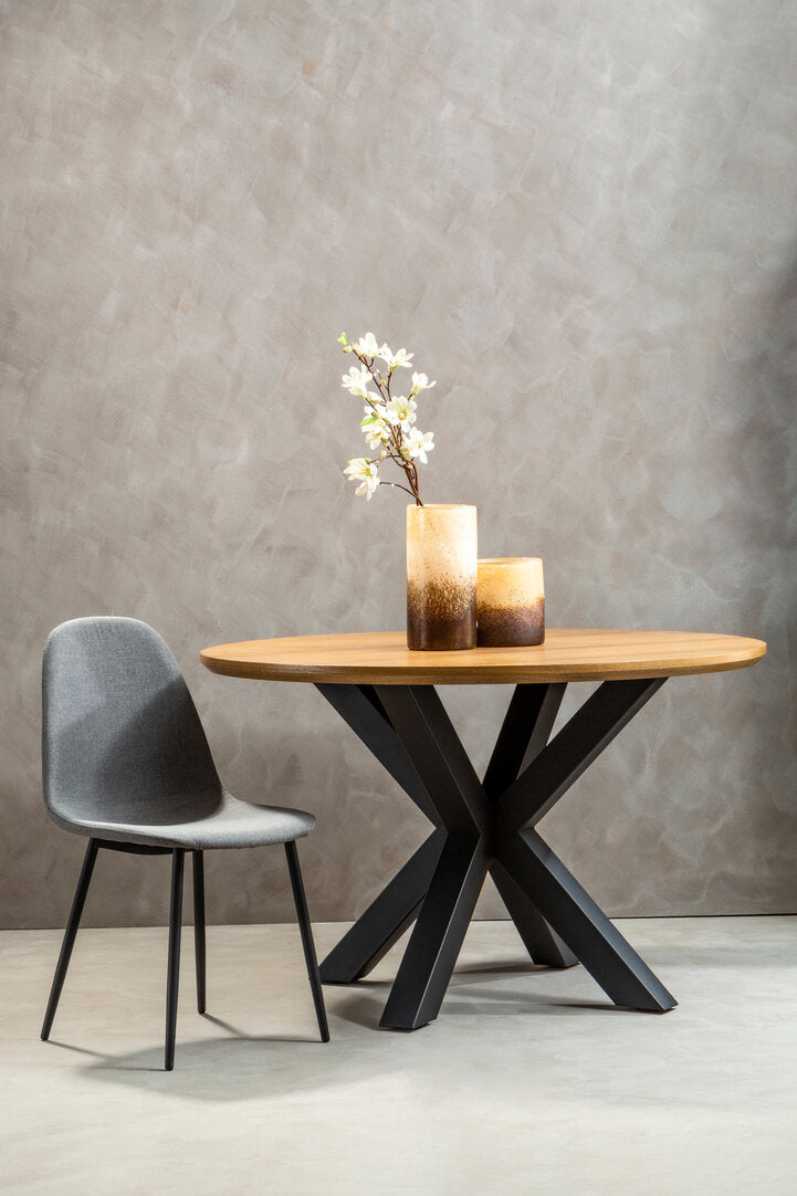 Sorrento Wood Veneer Round Dining Table With Black Metal Legs