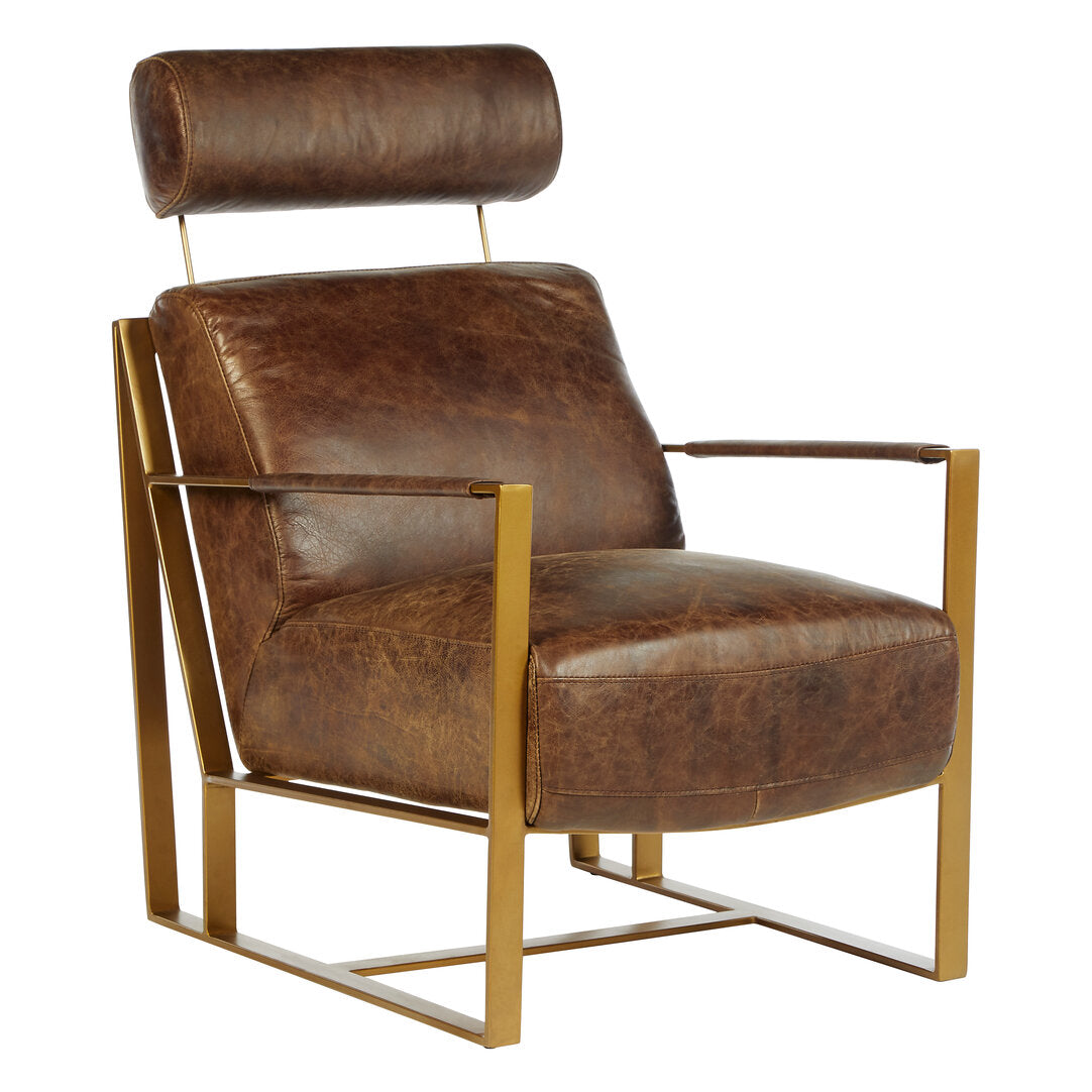 Harrogate Brown Leather Lounge Chair with Rose Gold Iron Frame