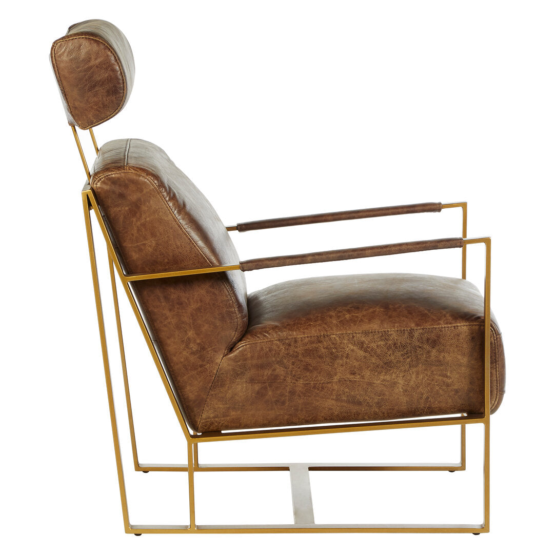 Harrogate Brown Leather Lounge Chair with Rose Gold Iron Frame