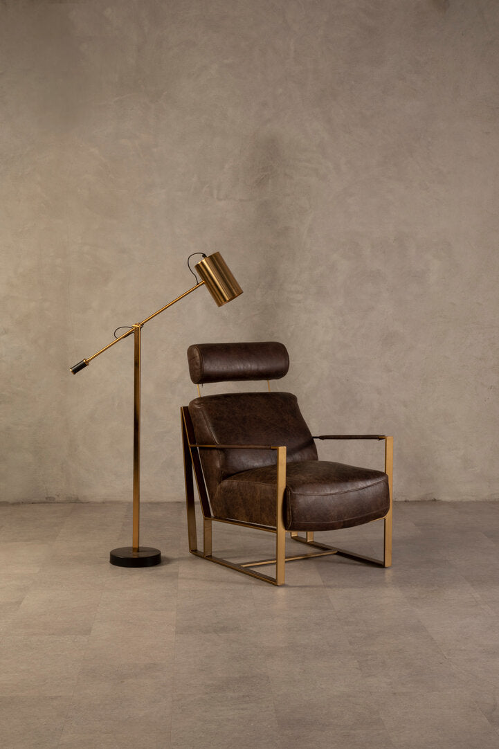 Harrogate Brown Leather Lounge Chair with Rose Gold Iron Frame