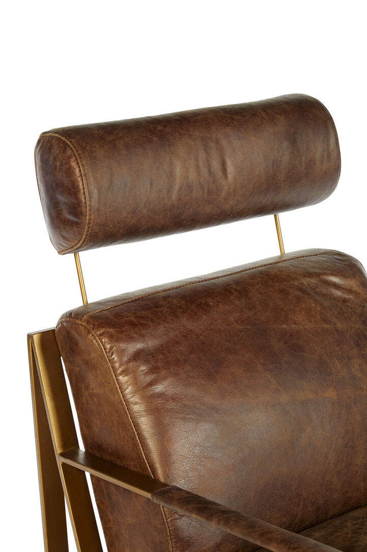 Harrogate Brown Leather Lounge Chair with Rose Gold Iron Frame