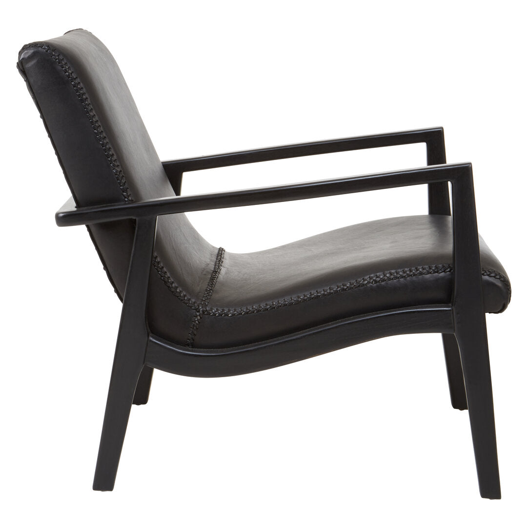 Seville Black Leather and Teak Wood Armchair