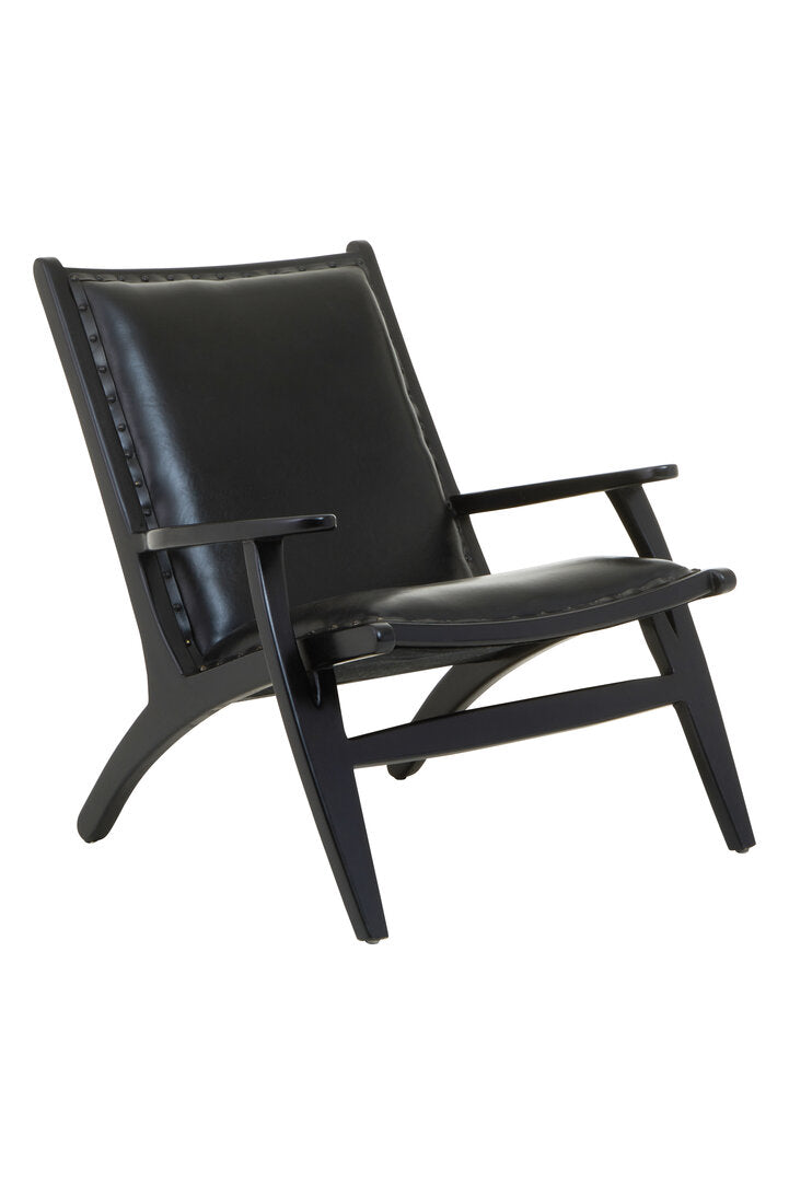 Seville Black Leather and Teak Wood Chair with Stud Detail