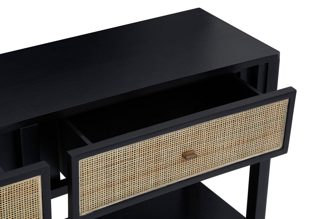 Hudson Black Console Table with Rattan Drawers