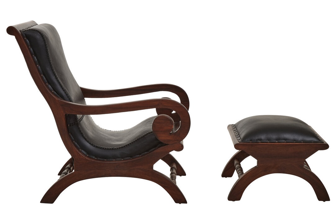 Carlton Genuine Black Leather and Teak Lounge Chair with Footstool