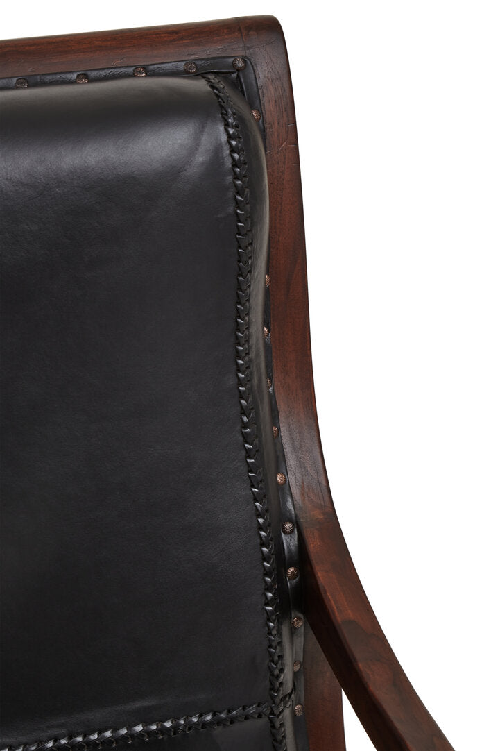 Carlton Genuine Black Leather and Teak Lounge Chair with Footstool