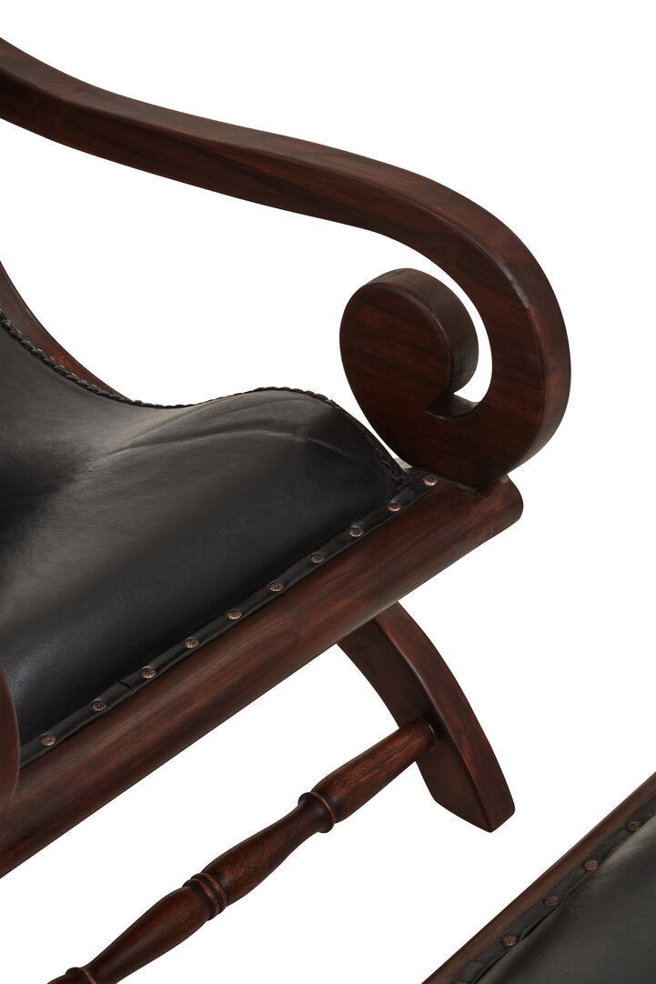Carlton Genuine Black Leather and Teak Lounge Chair with Footstool