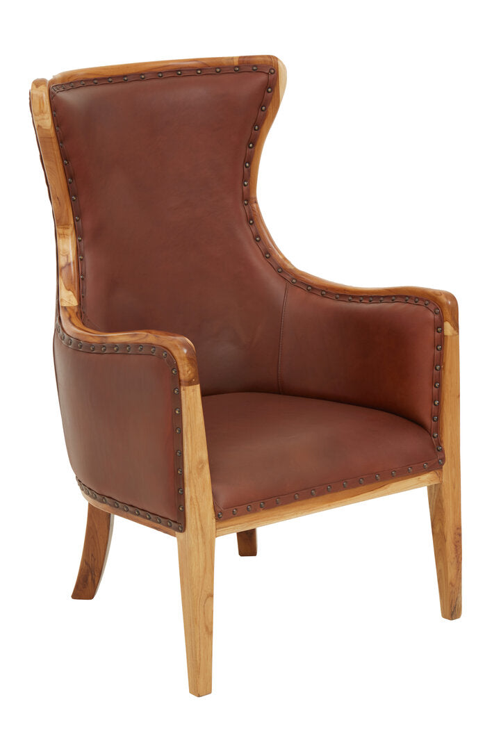 Seville Brown Cow Leather and Teak Wood Frame Chair