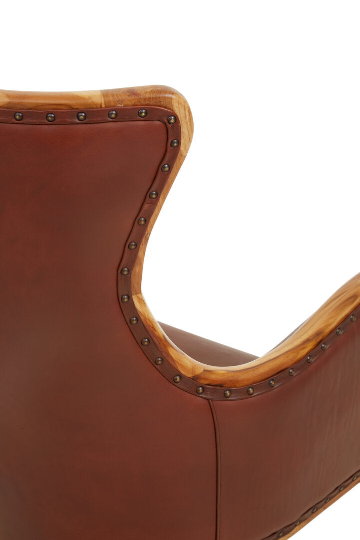 Seville Brown Cow Leather and Teak Wood Frame Chair