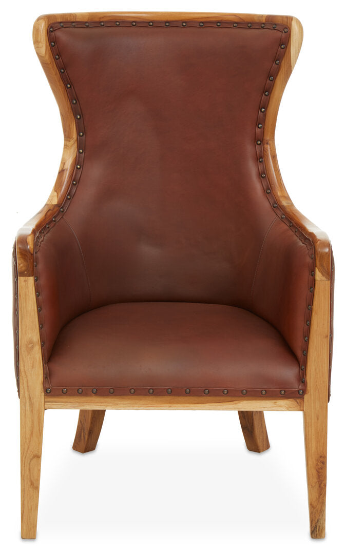 Seville Brown Cow Leather and Teak Wood Frame Chair