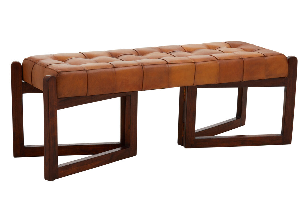 Carlton Brown Leather Bench With Wooden Base