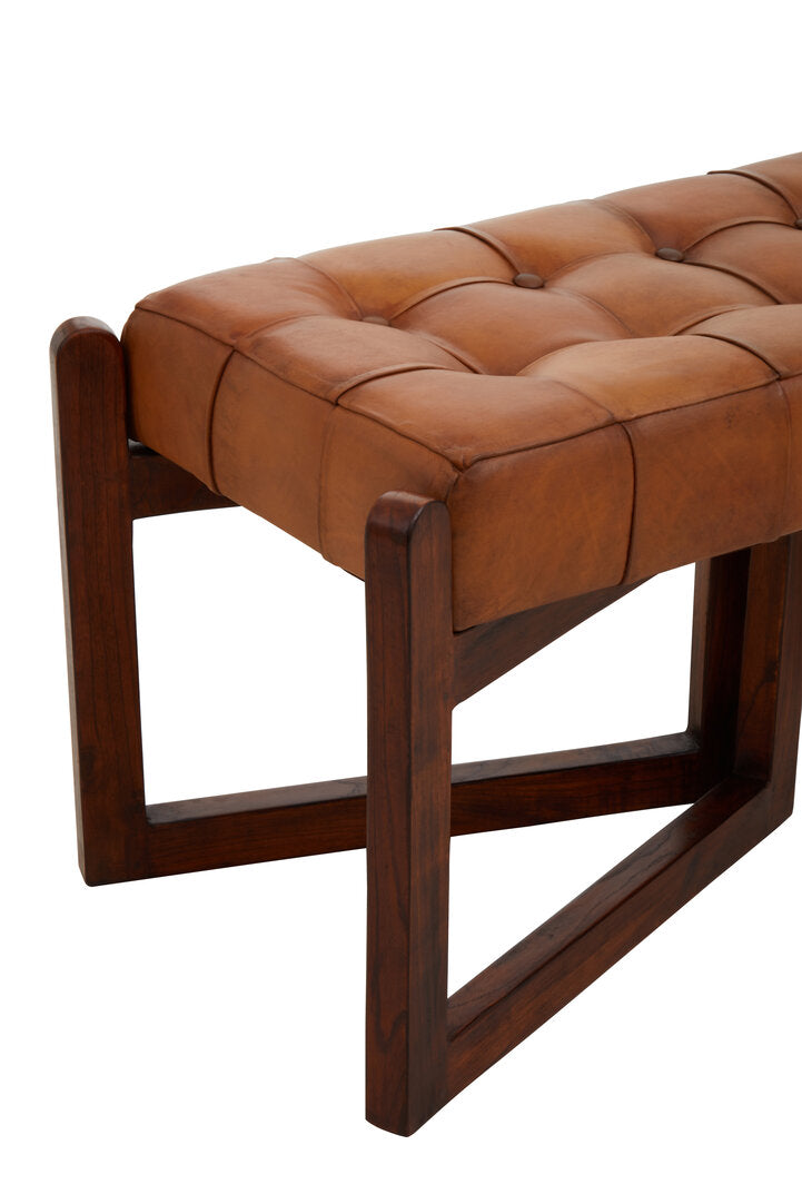 Carlton Brown Leather Bench With Wooden Base