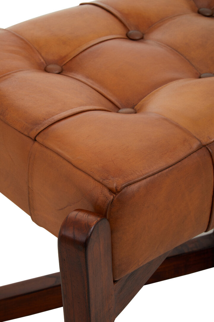Carlton Brown Leather Bench With Wooden Base