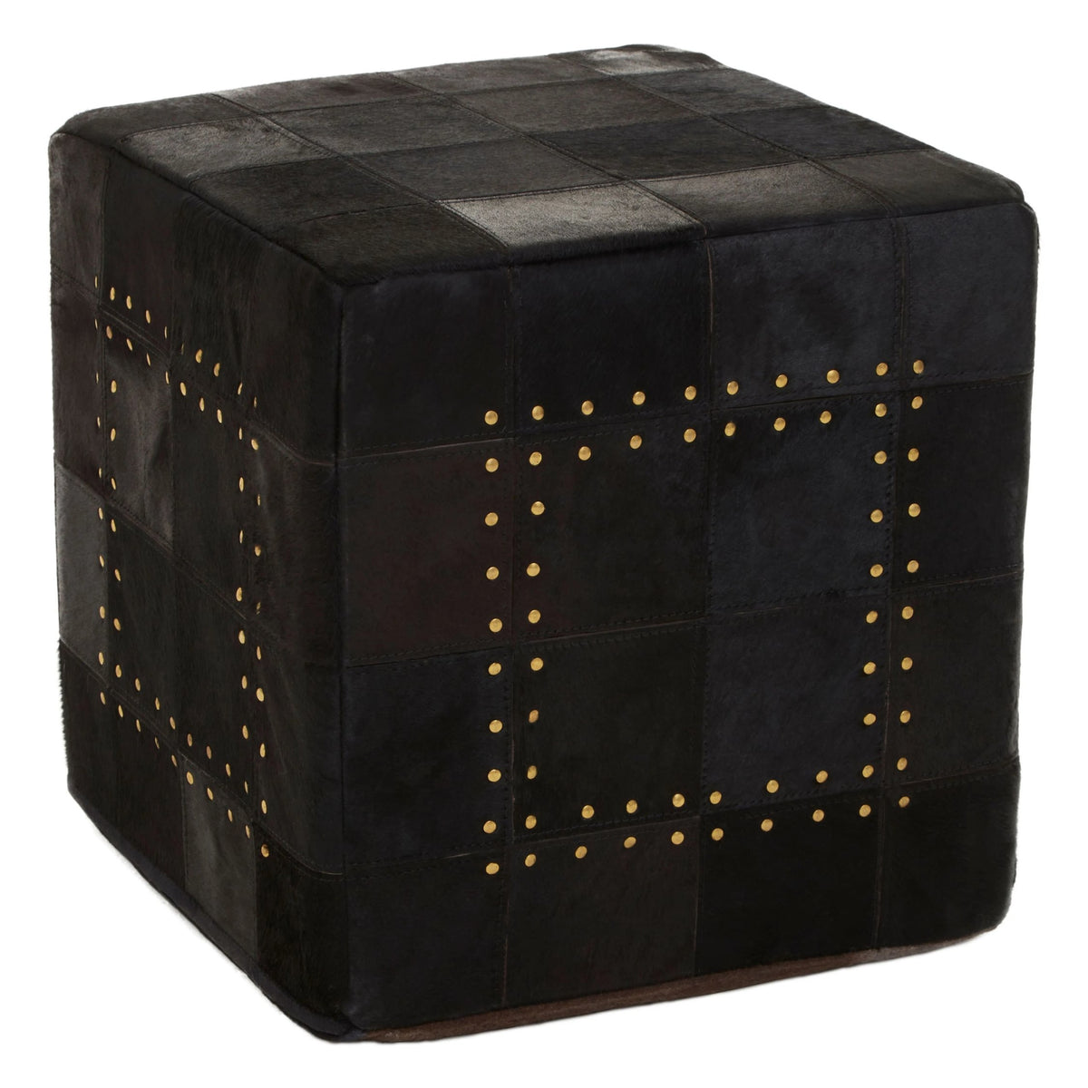 Looe Black Patchwork Leather Pouffe with Gold Studs
