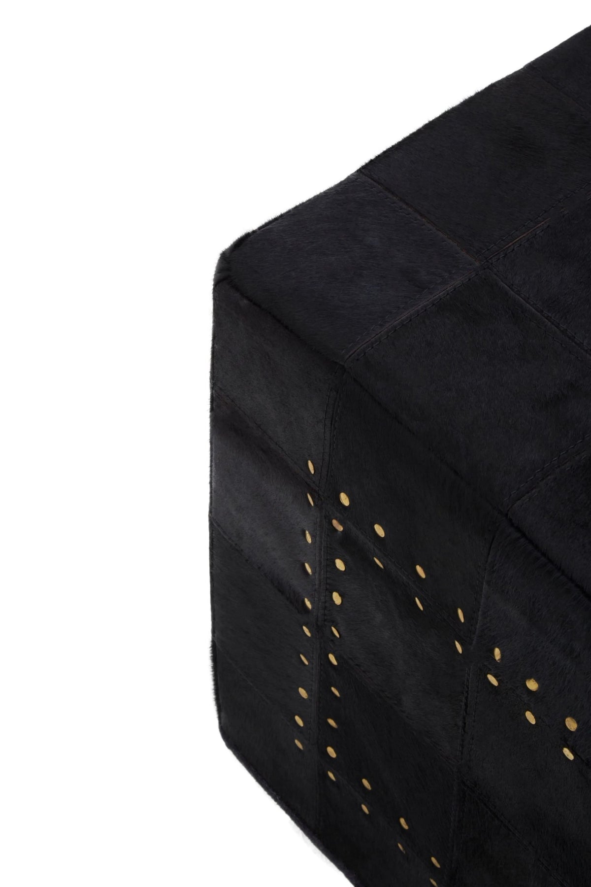 Looe Black Patchwork Leather Pouffe with Gold Studs