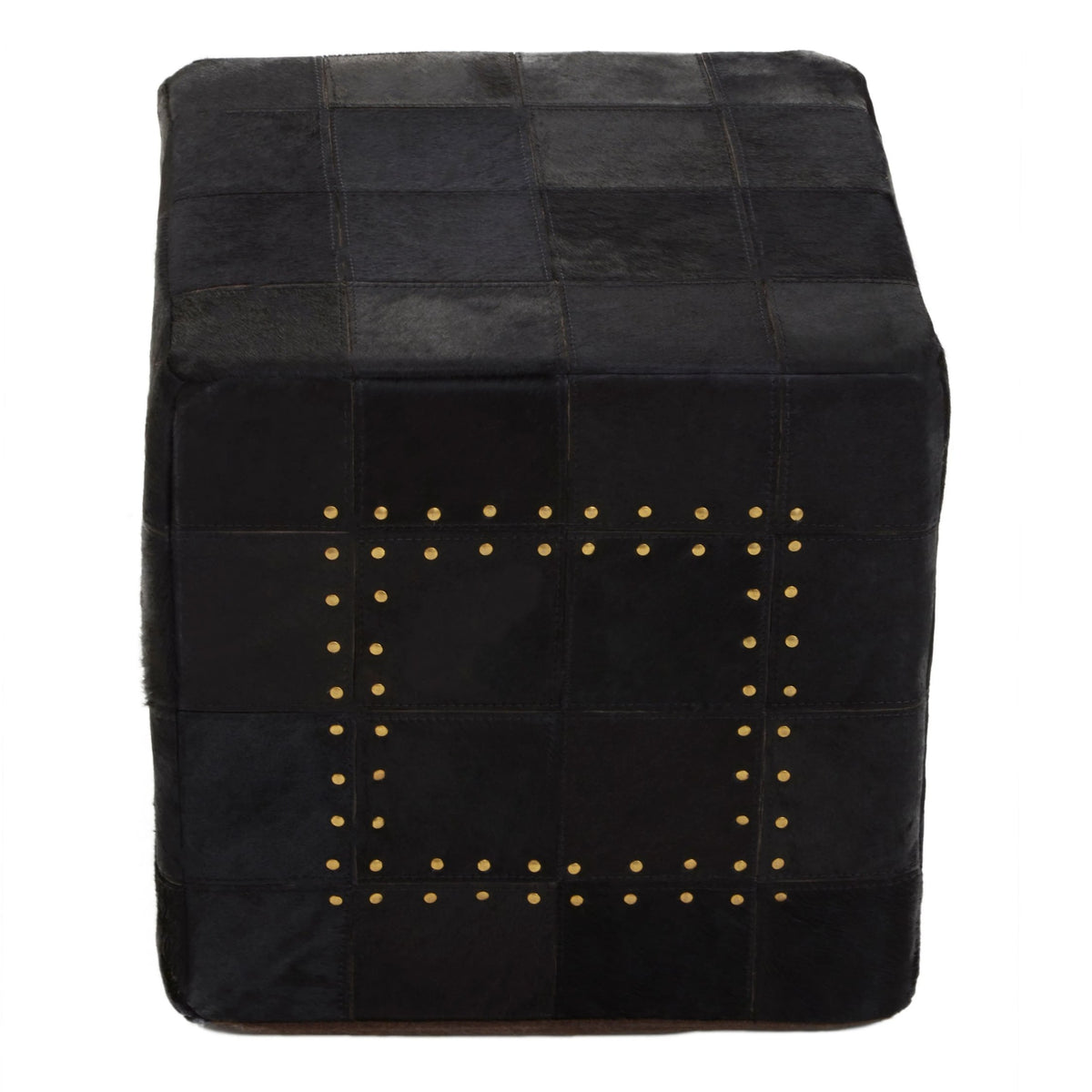Looe Black Patchwork Leather Pouffe with Gold Studs