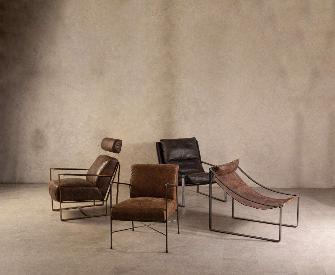 Harrogate Brown Leather Lounge Chair with Rose Gold Iron Frame