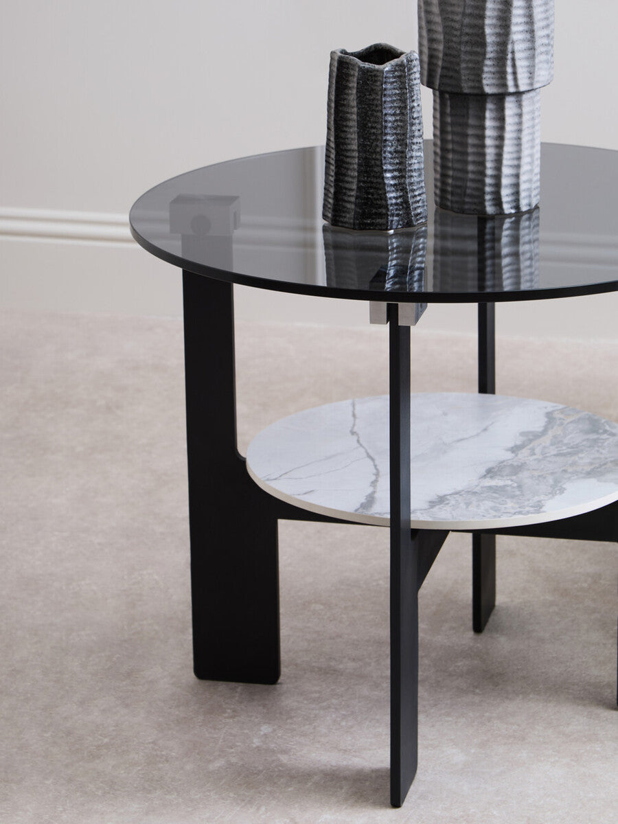 Aurora Grey Glass and Ceramic 2 Tier Small Coffee Table