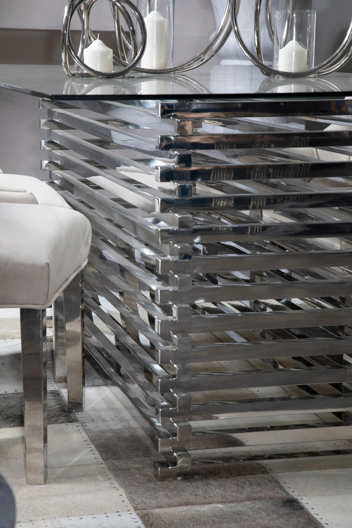 Valencia Rectangular Glass Top Dining Table with Slatted Silver Base