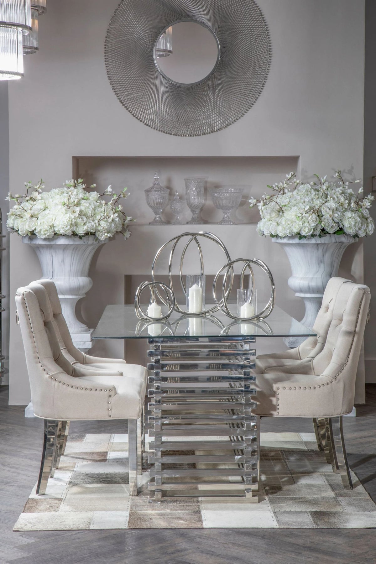 Valencia Rectangular Glass Top Dining Table with Slatted Silver Base