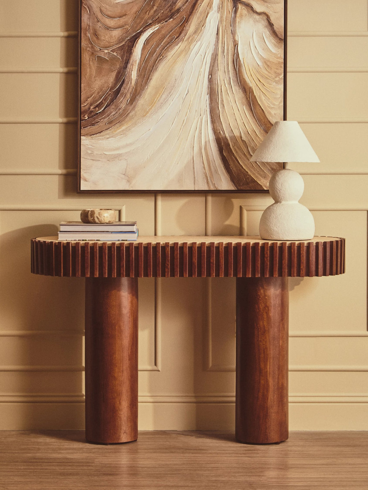 Prestbury Travertine and Mango Wood Curved Console Table