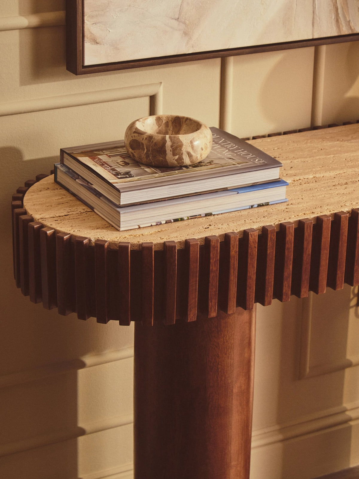 Prestbury Travertine and Mango Wood Curved Console Table