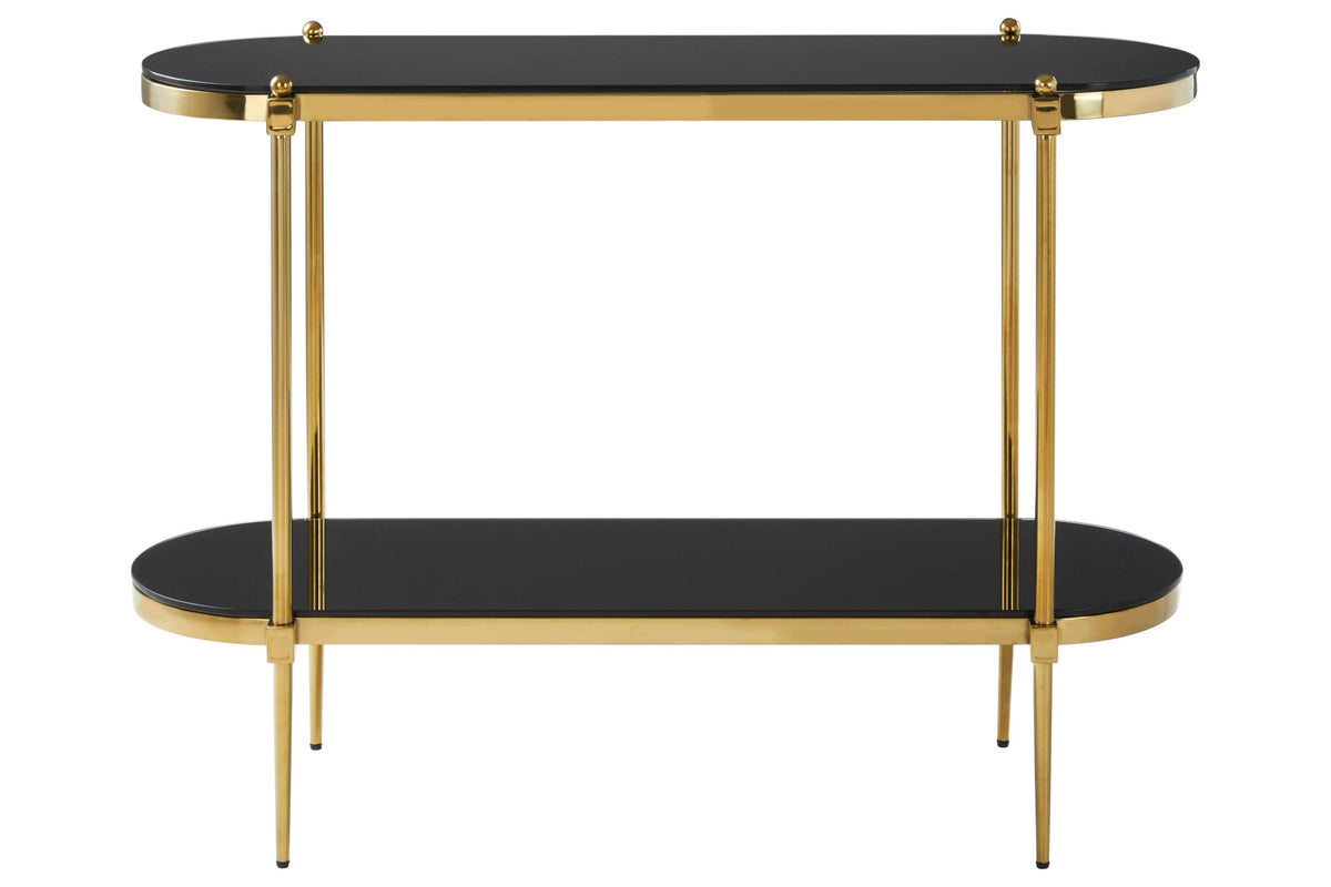Downham Black Glass Two Tier Console Table with Gold Frame