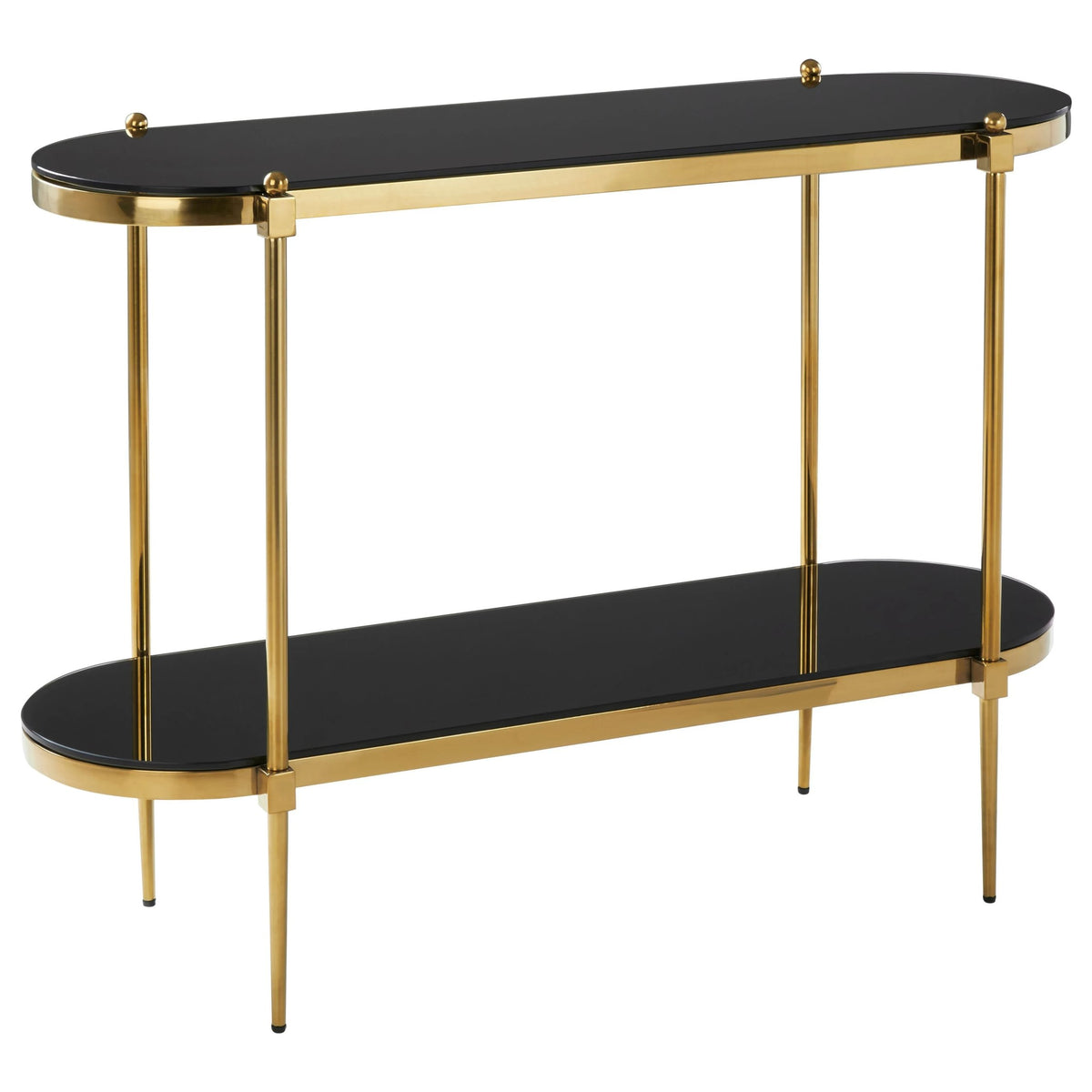 Downham Black Glass Two Tier Console Table with Gold Frame