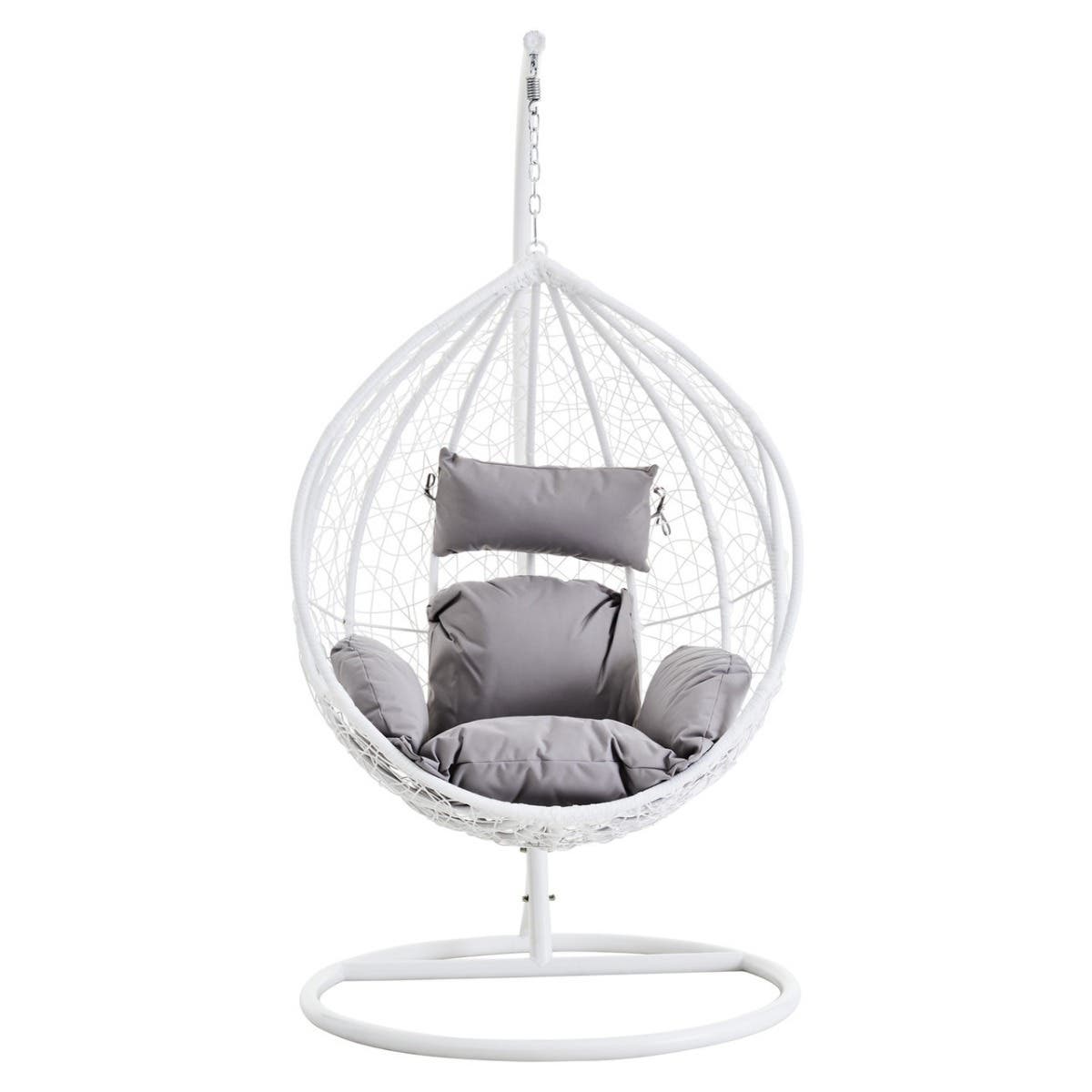 Bristol White Rattan Effect Hanging Chair with Grey Cushions