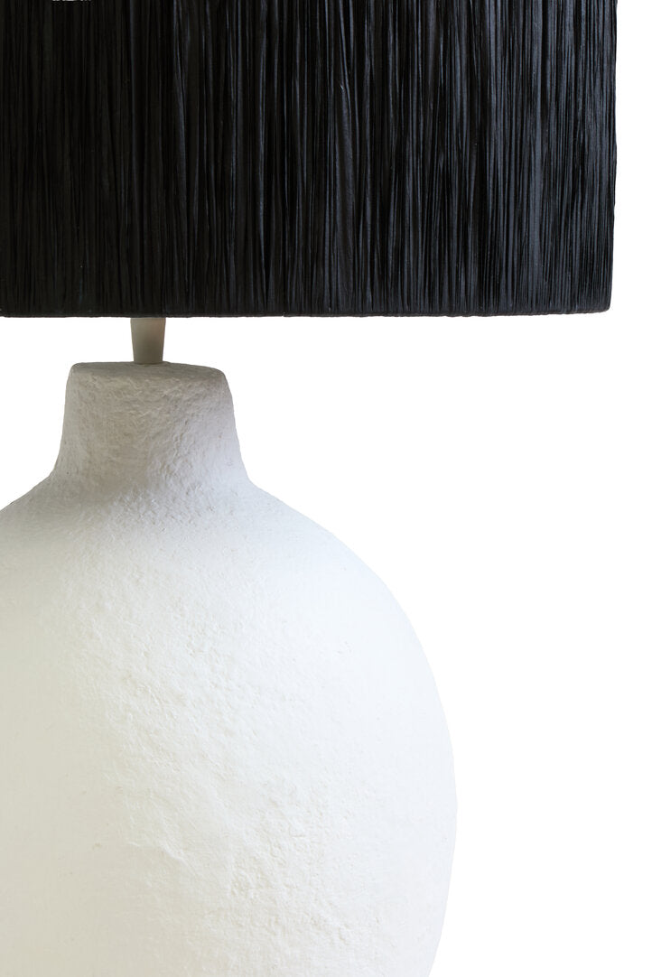 Turin White Papier Mache Table Lamp With Black Raffia Shade
