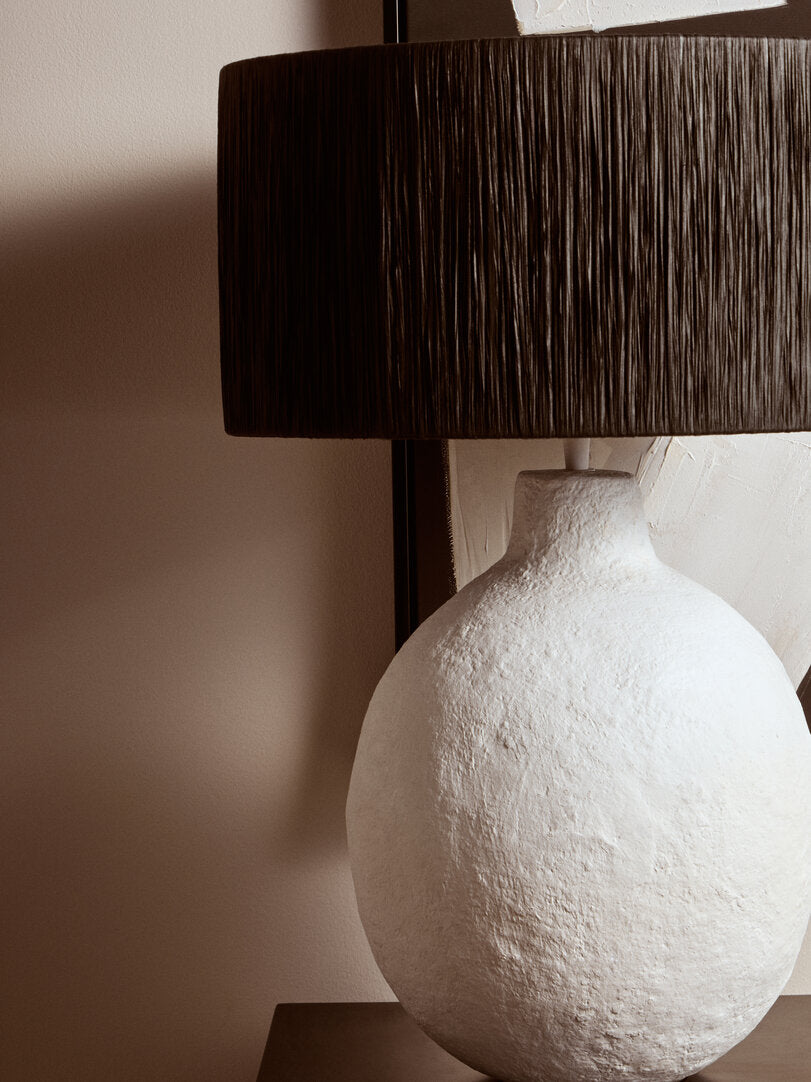 Turin White Papier Mache Table Lamp With Black Raffia Shade