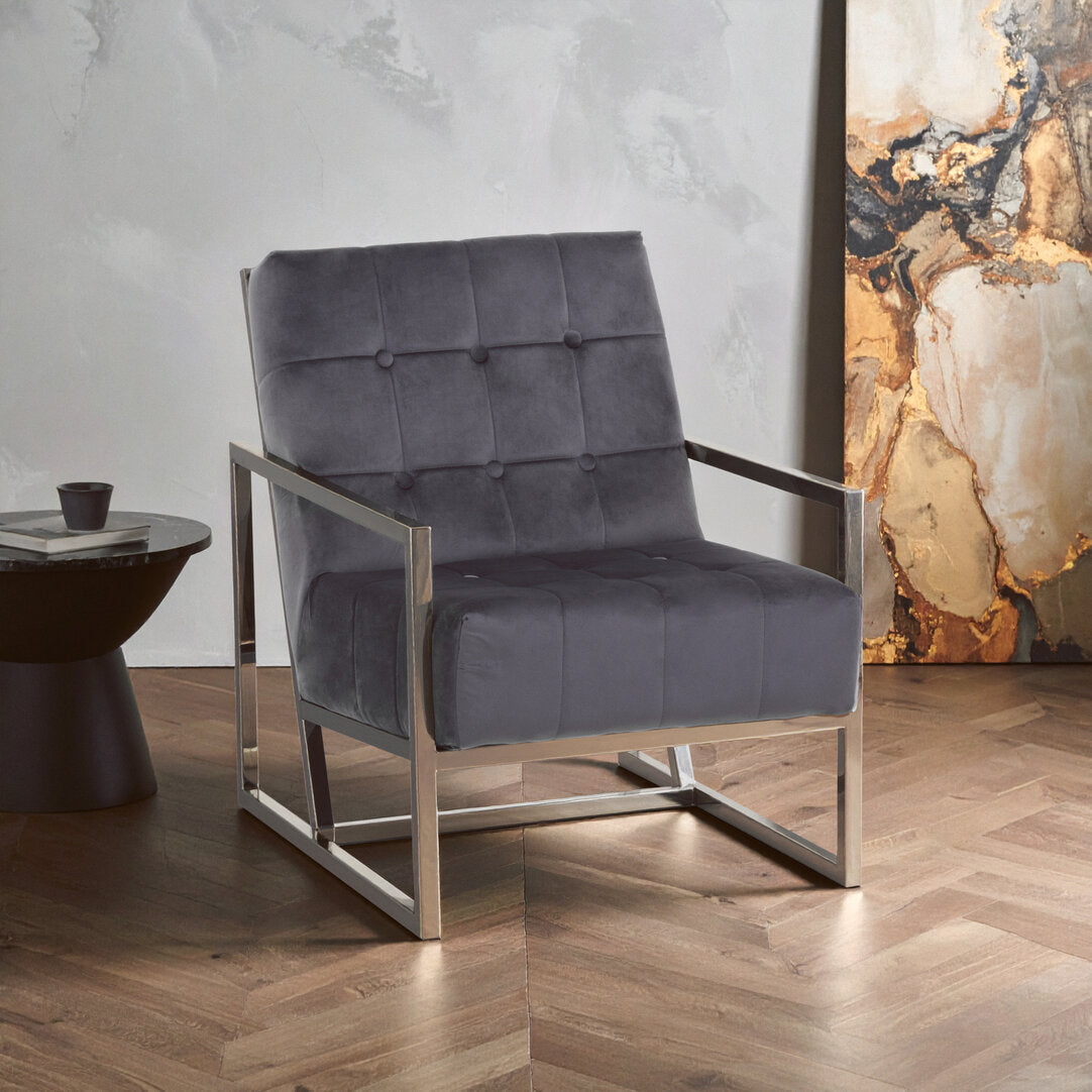 Monaco Grey Velvet Chair with Stainless Steel Frame