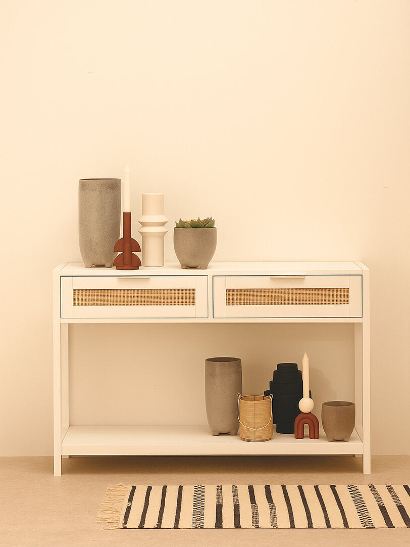 Como White Wood and Rattan Two Drawer Console Table