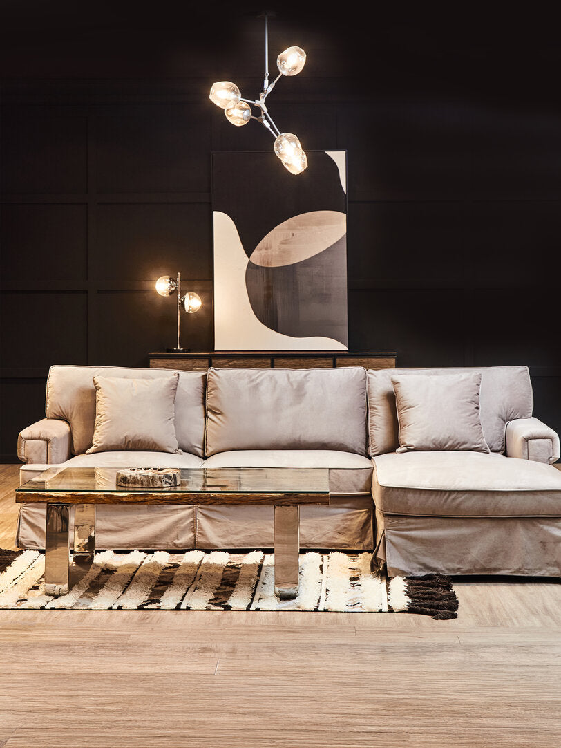 Whitby Three Seat Grey Velvet Right Chaise Sofa