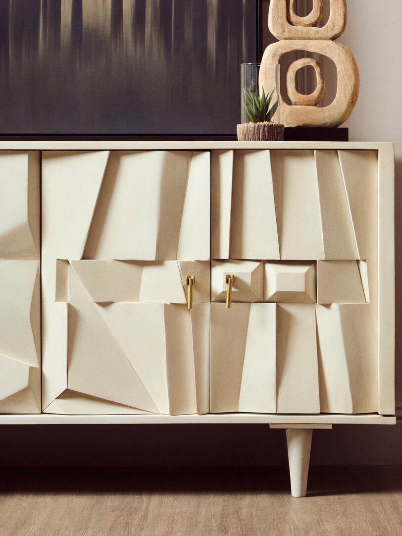 Porto Four Door Whitewash Mango Wood Abstract Sideboard