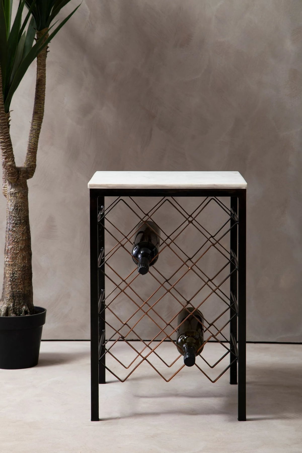 Sandbanks White Marble Top Wine Rack Table with Black and Bronze Base