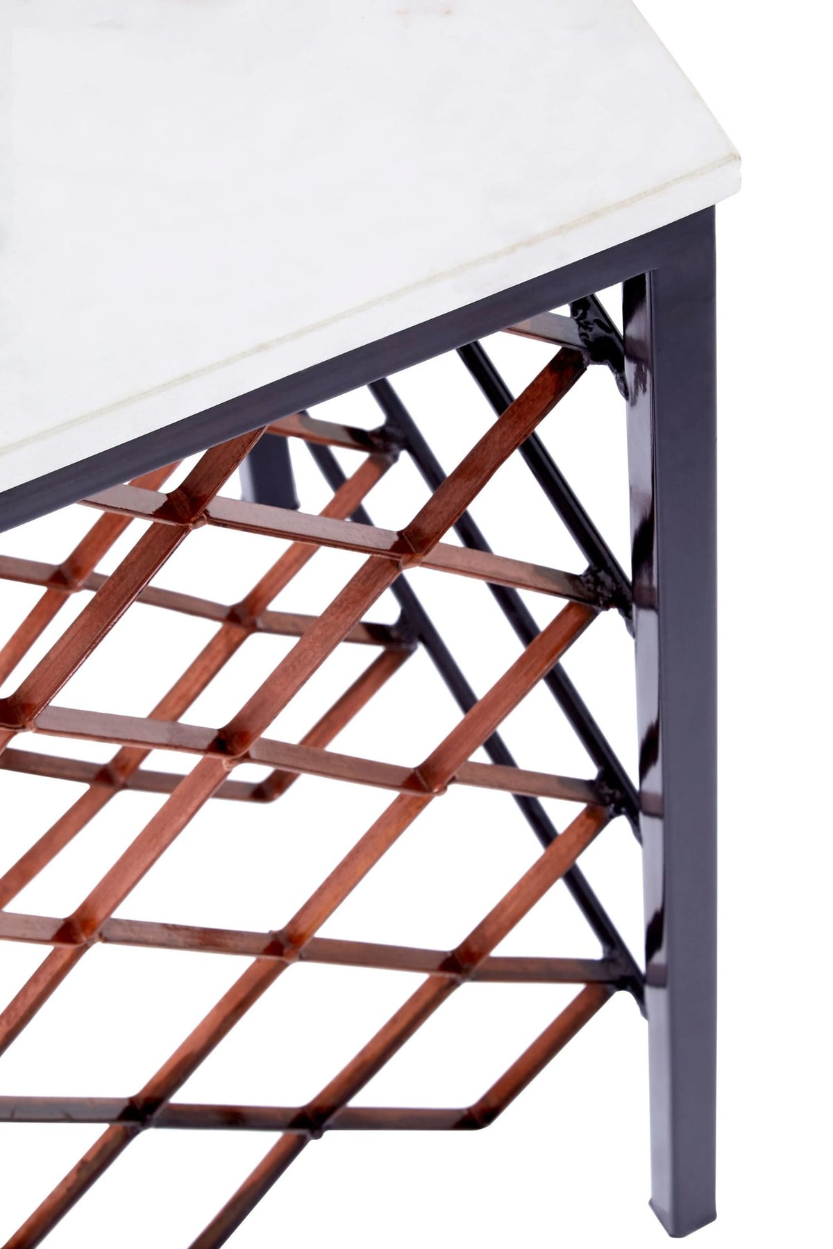 Sandbanks White Marble Top Wine Rack Table with Black and Bronze Base