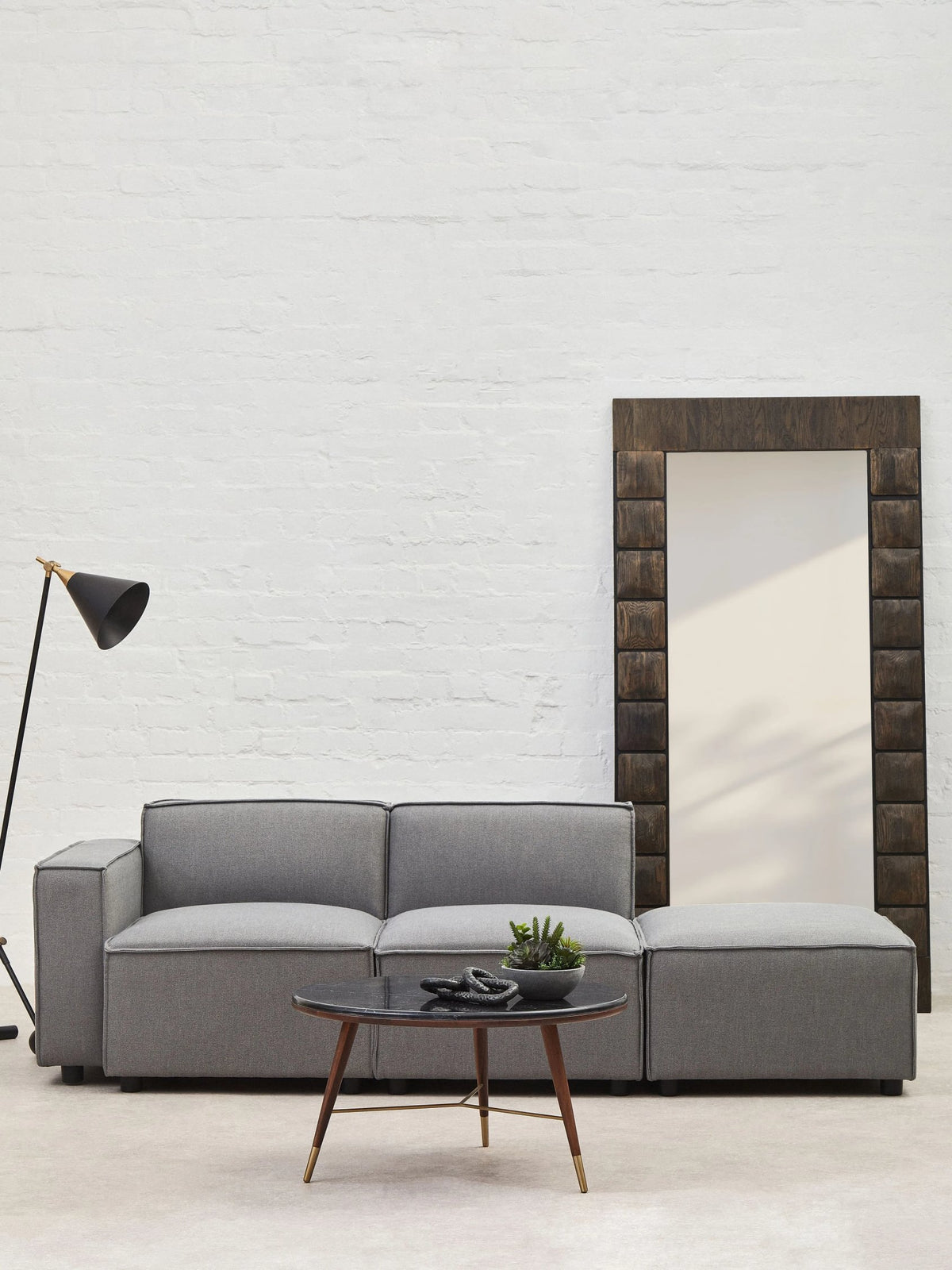 Hudson Grey Marble and Walnut Wood Round Coffee Table