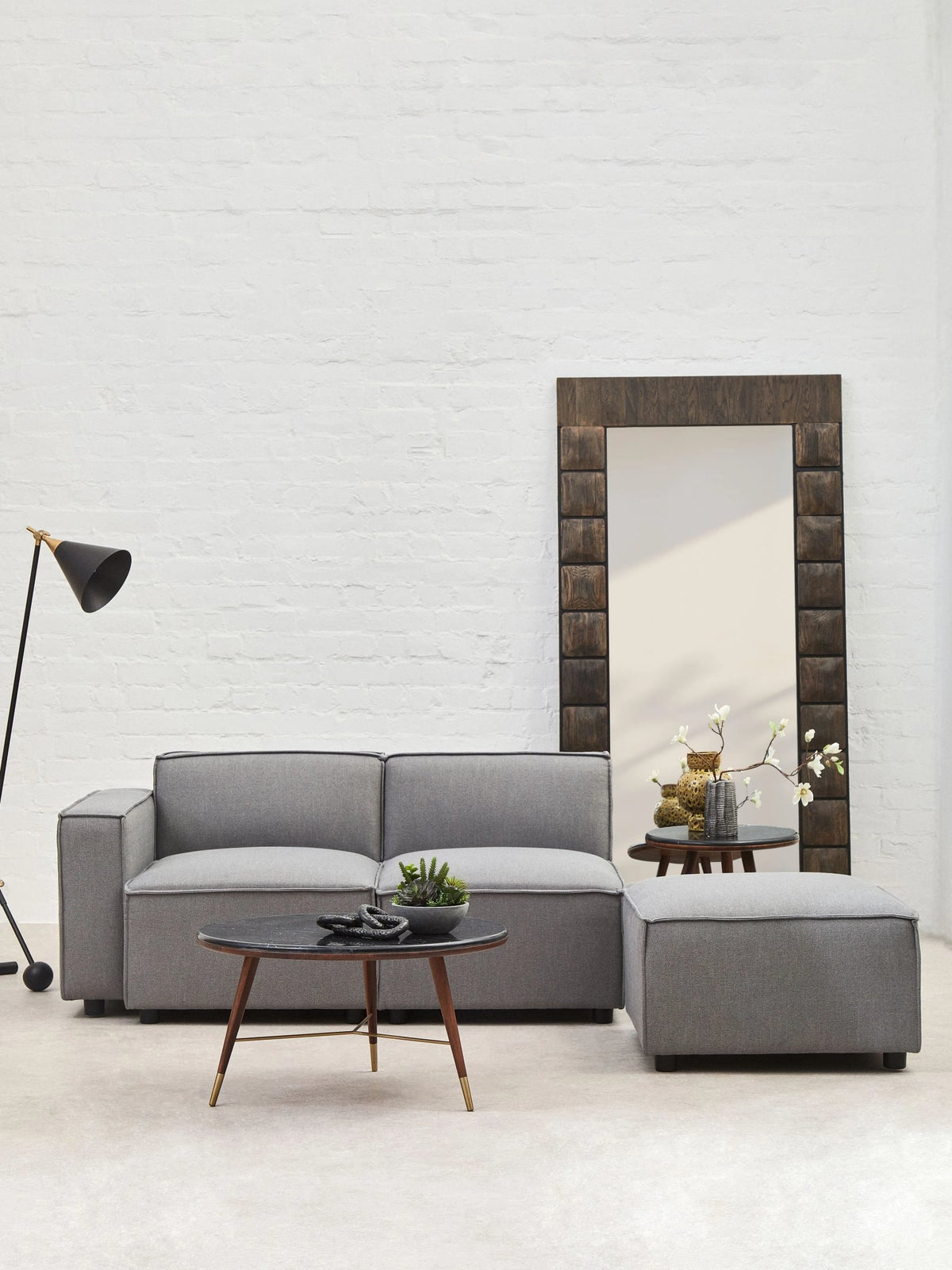 Hudson Grey Marble and Walnut Wood Round Coffee Table