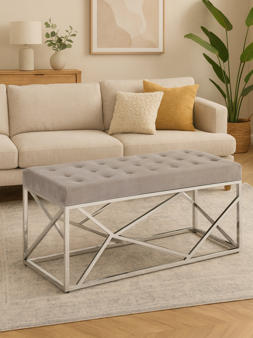 Aurora Mink Velvet Bench with Silver Finish Frame