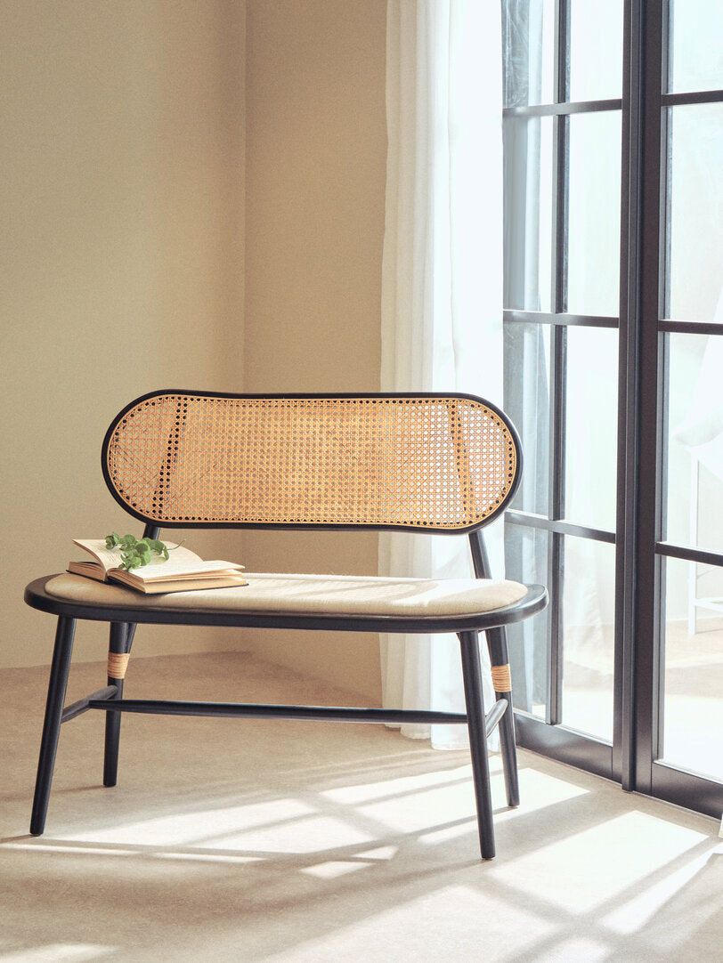 Stirling Natural Cane Bench with Black Elm Wood Frame