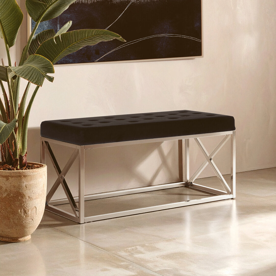 Aurora Black Tufted Seat And Silver Finish Bench