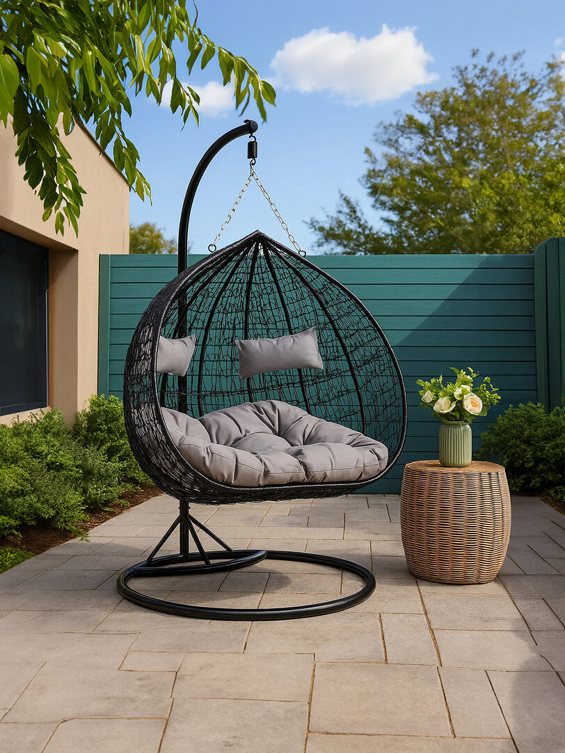Bristol Black Rattan Effect Double Hanging Chair With Grey Cushions